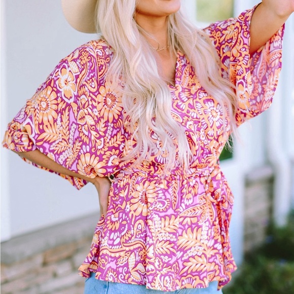Boho Floral Print Belted Surplice Blouse Bohemian Top - Picture 7 of 15